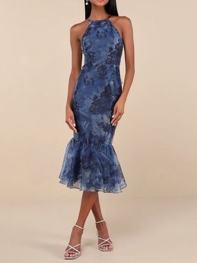 ✨Lulu's Admirable Essence Navy Blue Floral Organza Trumpet Midi Dress Size M